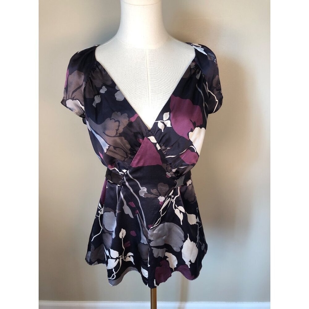 Ted Baker London Silk V-Neck Short Sleeve Abstract Floral Tieback Blouse Size 5